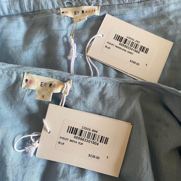 Roller Rabbit Eyelet Lace Wrap Skirt Puff Sleeve Blouse Sz S Light Blue - Picture 13 of 16